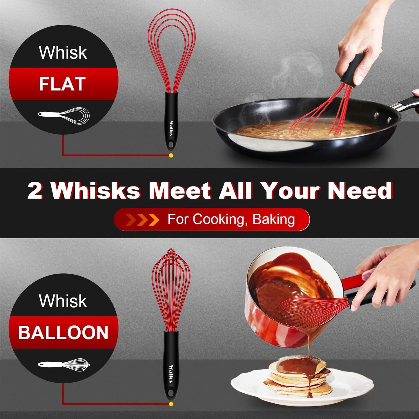 Silicone Whisk Set, 11'' Flat Whisk and 10'' Balloon Whisk for Blending Beating Stirring and Kitchen Cooking
