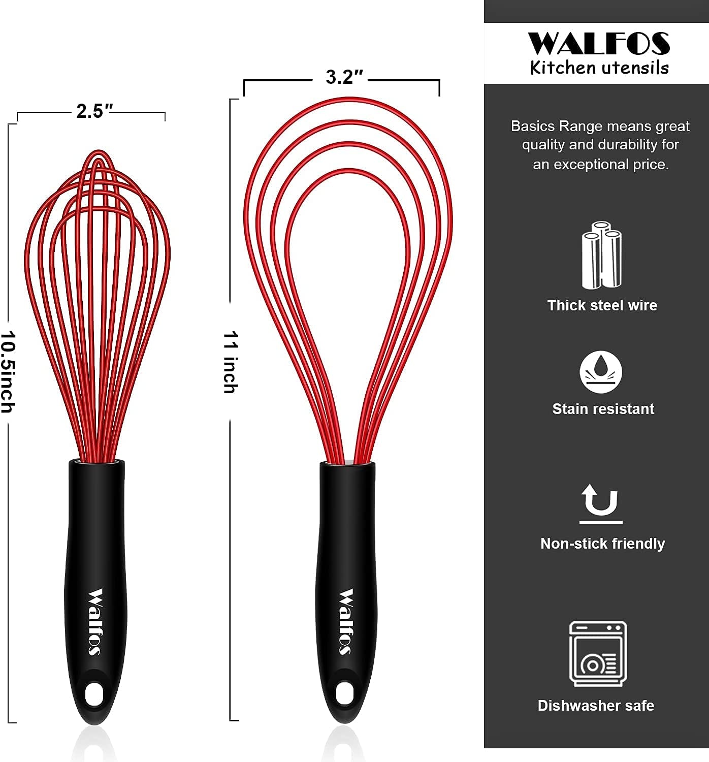 Silicone Whisk Set, 11'' Flat Whisk and 10'' Balloon Whisk for Blending Beating Stirring and Kitchen Cooking