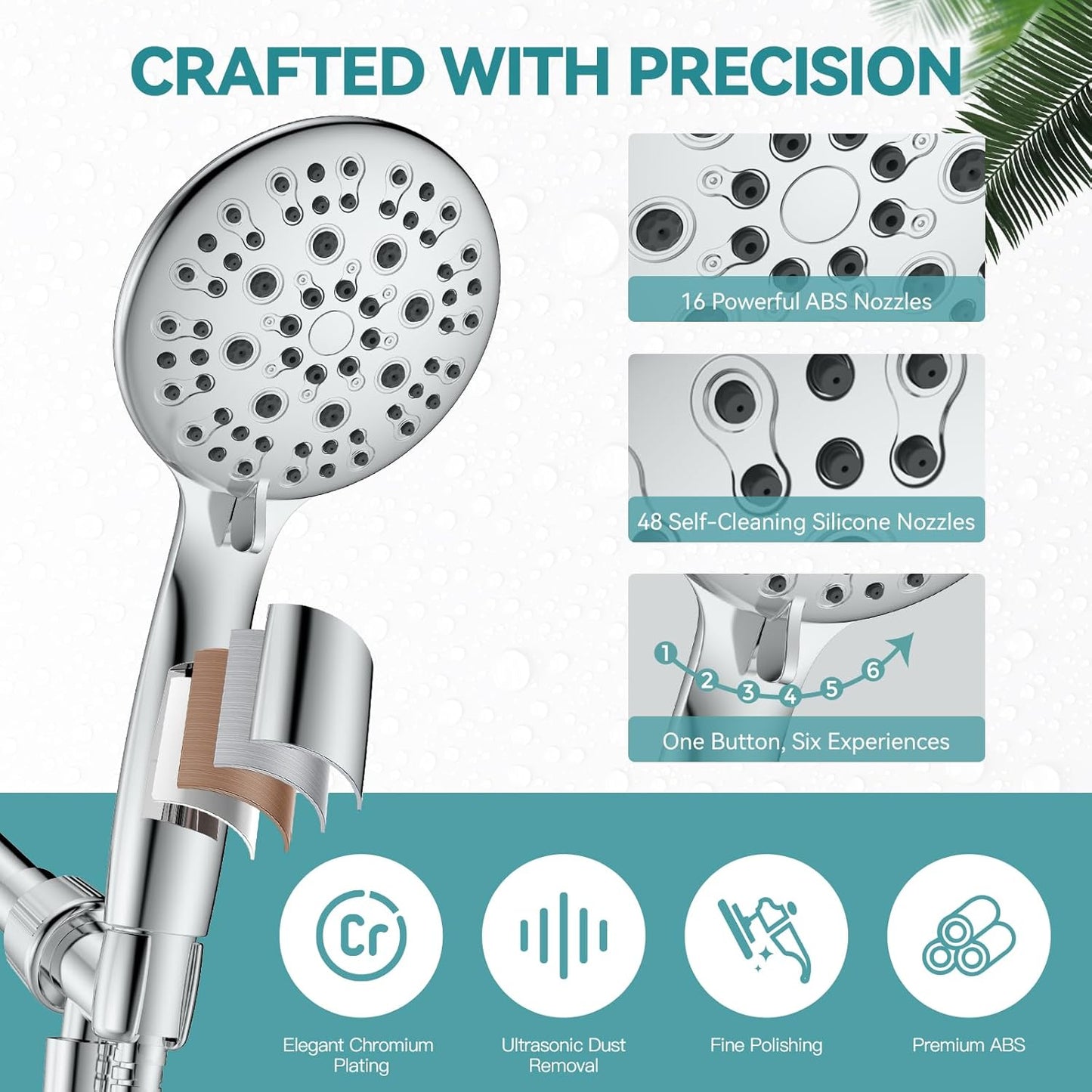 High Pressure Handheld Shower Head, 6 Spray Settings Shower Head with Handheld, 4.3" High Flow Hand Held Shower Head Set with Stainless Steel Hose and Adjustable Bracket (Chrome)