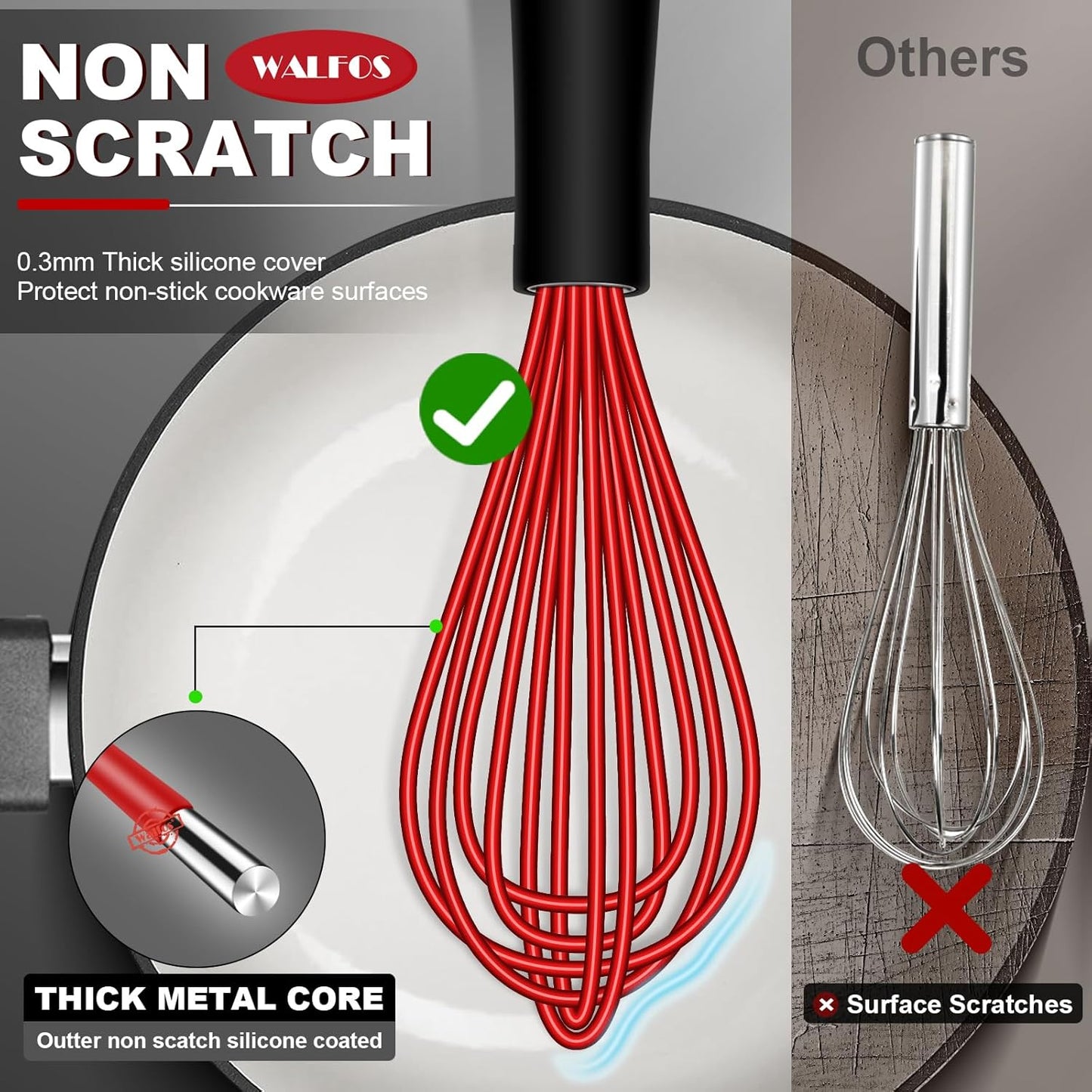 Silicone Whisk Set, 11'' Flat Whisk and 10'' Balloon Whisk for Blending Beating Stirring and Kitchen Cooking