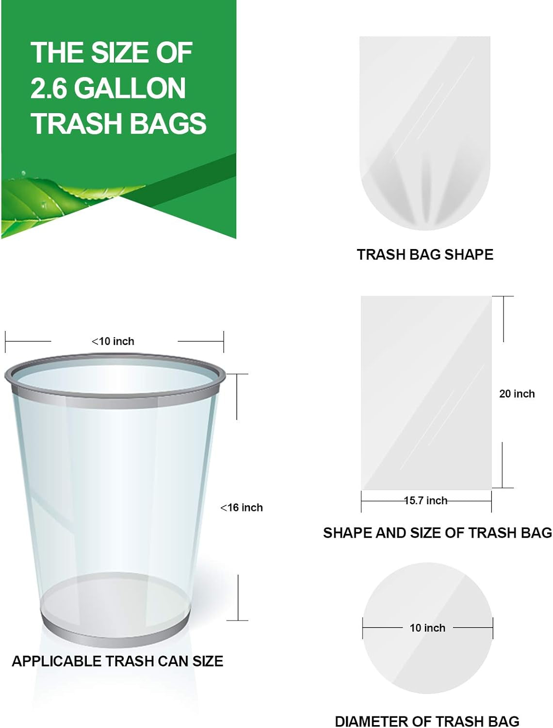 Clear Small Trash Bags 2.6 Gallon Garbage Bags Wastebasket Bin Liners 220 Count Plastic Trash Bags for Bathroom Bedroom Office Garbage Can 10 Liters