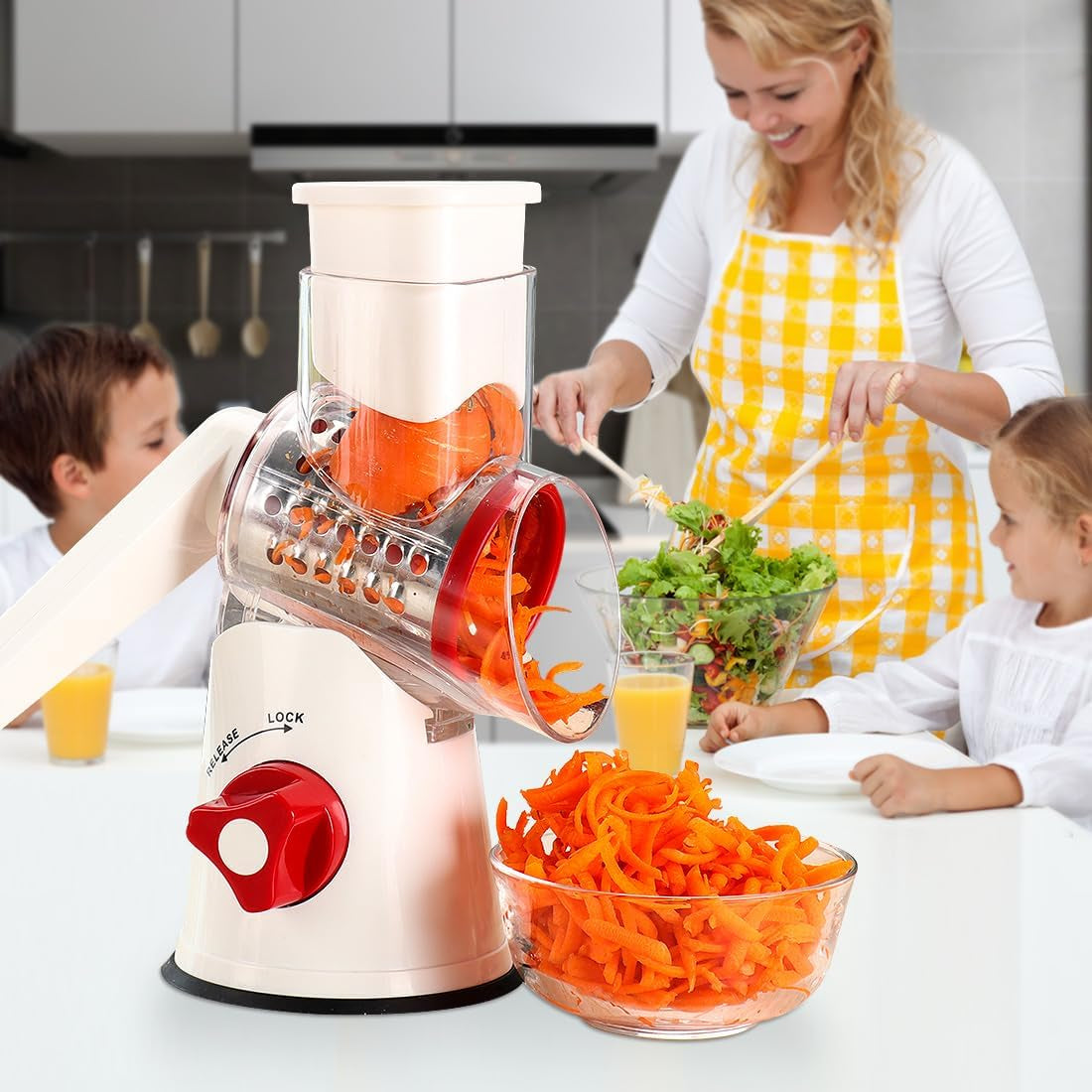 Rotary Cheese Grater Shredder- 3 Drum Bladea Manual Slicer Nut Grinder with Vegetable Peeler and Cleaning Brush (White Red)