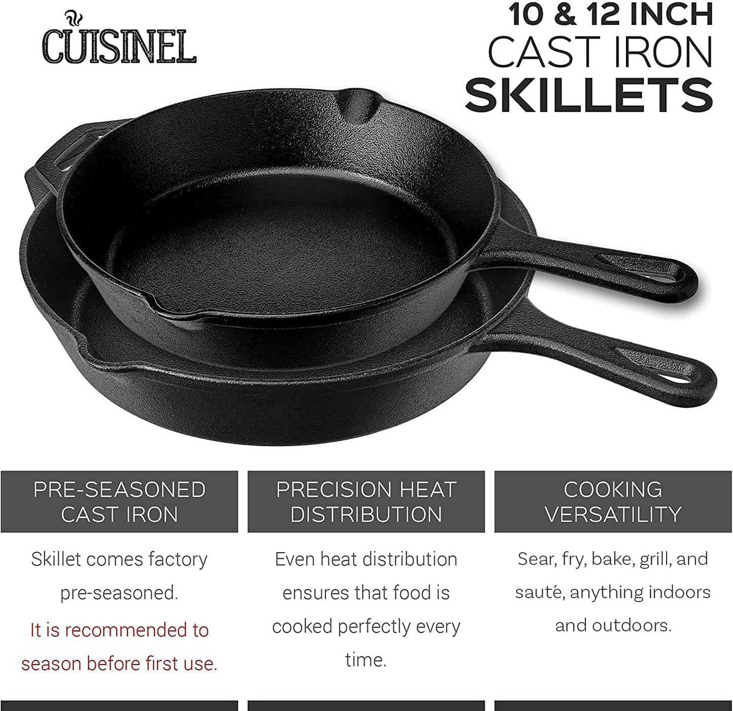 Cast Iron Skillet Set - 10" + 12"-Inch Frying Pan + Glass Lids + 2 Handle Cover Grips - Pre-Seasoned Oven Safe Cookware - Indoor/Outdoor Use - Grill, Stovetop, Induction, BBQ and Firepit Safe