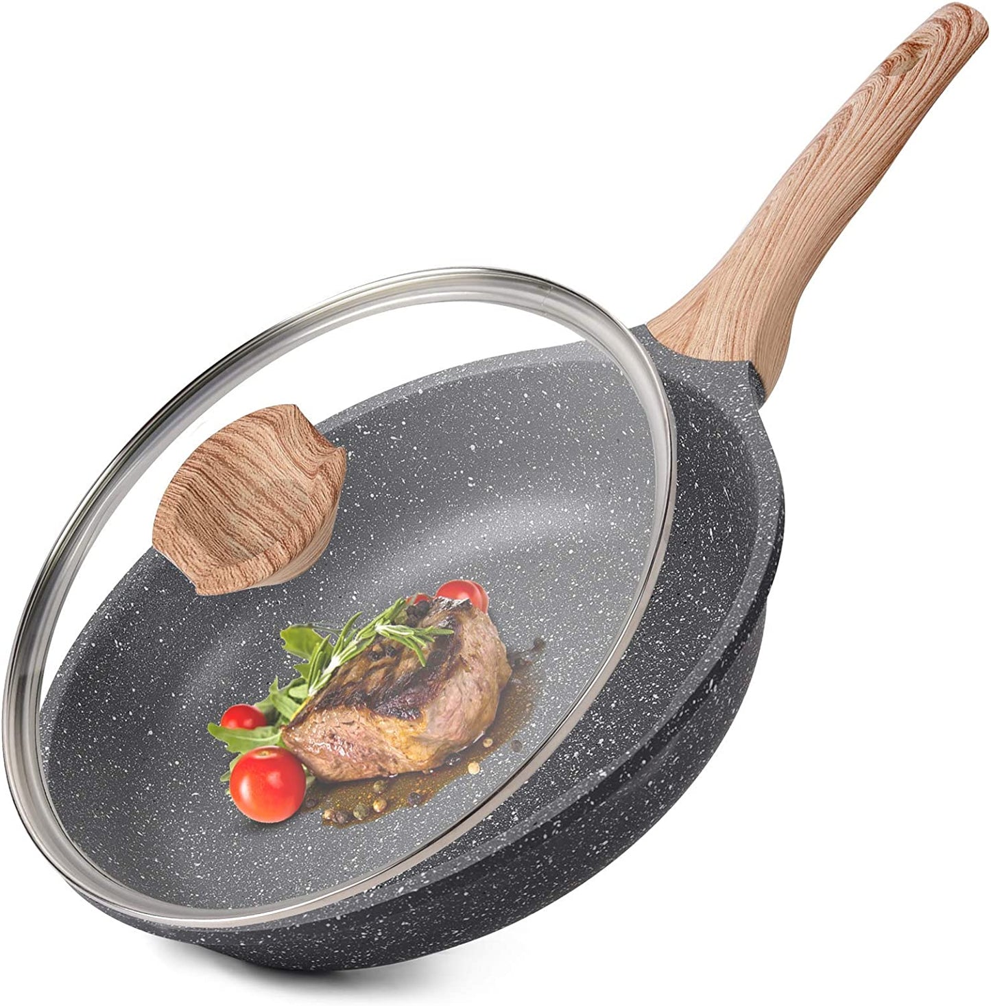 Nonstick Pan with Lid, Nonstick Stone Frying Pan, Best Nonstick Omelette Skillet with Soft Touch Handle, Induction Compatible(9.5 Inch with Lid)