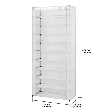 10 Shelf Organizer Shoe Rack with Cover to Hold 30 Pair Shoes, 31.5 in W X 13.46 in D X 69.09 in H, White