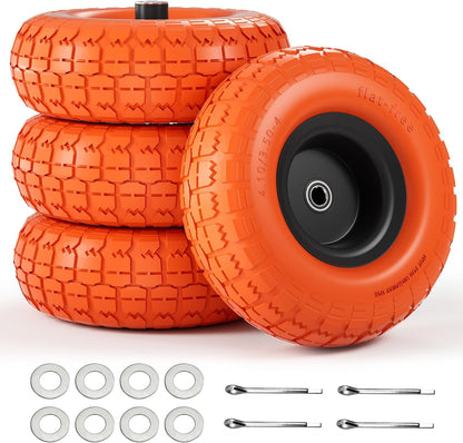 4.10 3.50-4 Tire and Wheel, 10 Inch Flat Free Tires 4 Pack with 5/8” Axle Bore Hole and Double Sealed Bearings, for Dolly Tires/Hand Truck Tires/Dump Cart Tires