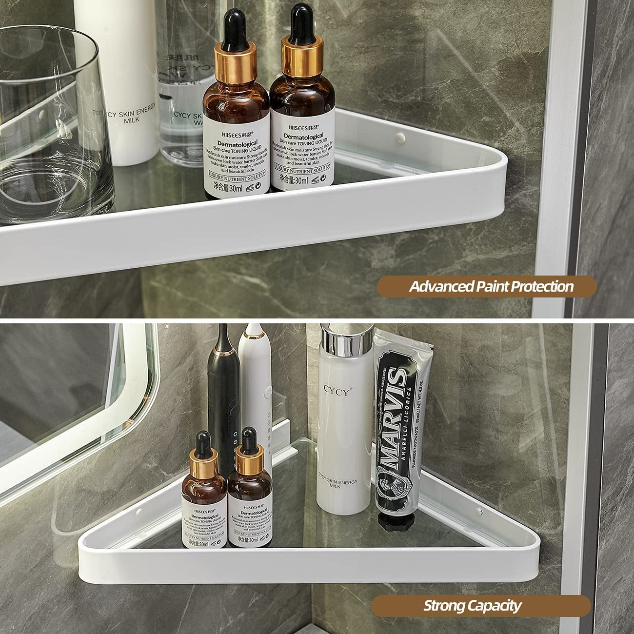 Corner Shower Shelves Glass Bathroom Corner Organizer Shelf Adhesive and Drill Mounted Shower Caddies Shampoo Holder Rust Free Glass Bathroom Shelves with Aluminum Brackets 2 Tier White