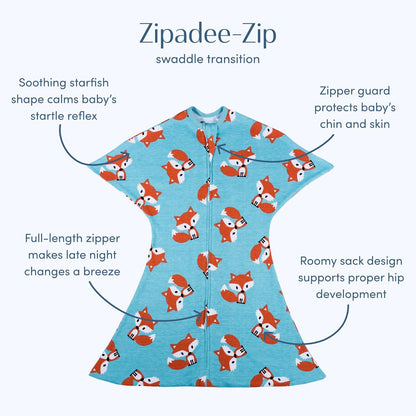 Sleeping Baby Zipadee-Zip Cotton Transition Swaddle Blanket - Baby Sleep Sack and Baby Blanket - Friendly Fox - 3-6 Months - 8-13 Lbs - 18-26"