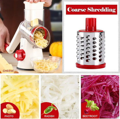 Rotary Cheese Grater Shredder- 3 Drum Bladea Manual Slicer Nut Grinder with Vegetable Peeler and Cleaning Brush (White Red)