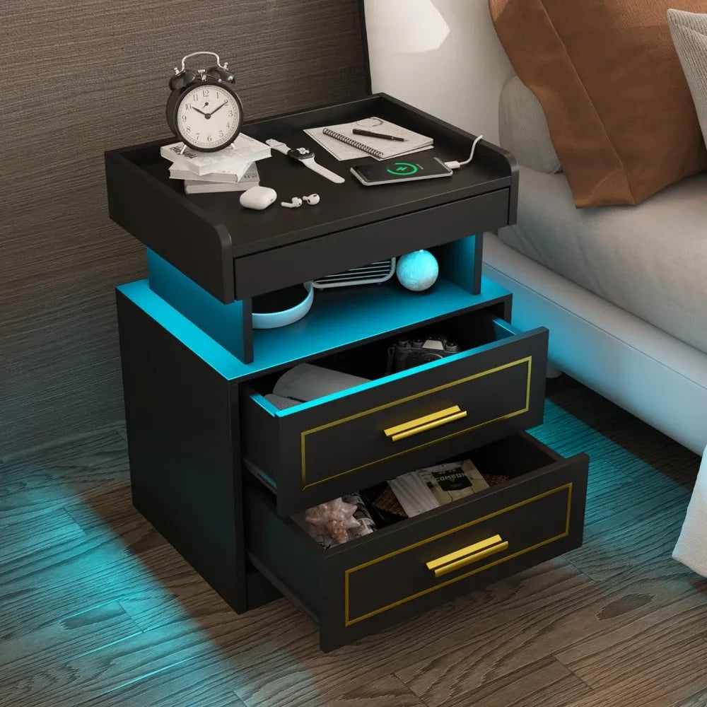 Modern Bedside Table with 2 Drawers Drawer Bedside Table with Charging Station and LED Light Bedroom Furniture Pull-Out Shelves