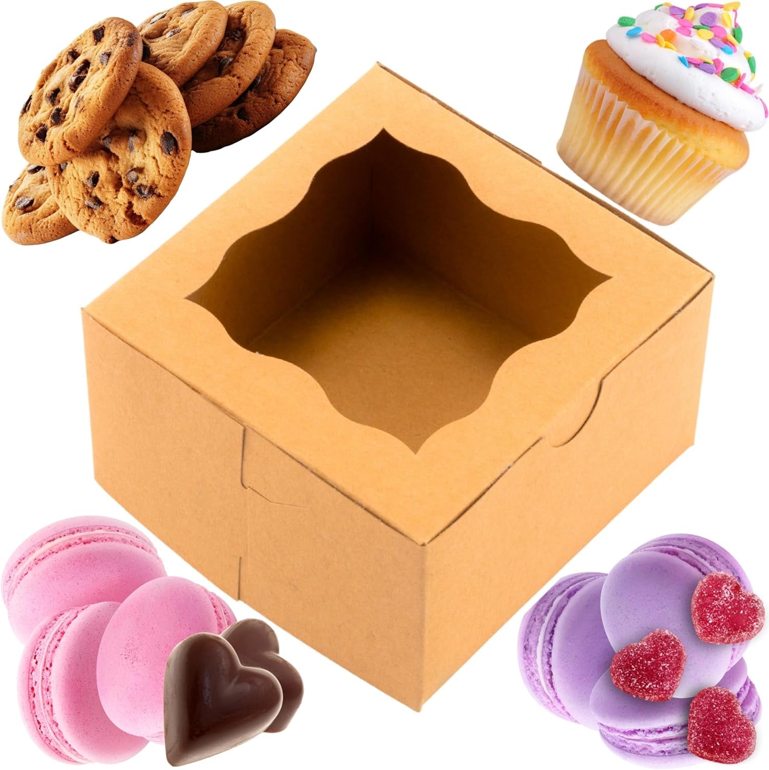 4X4X2.5” Brown Bakery Boxes with Window | 50 Pack