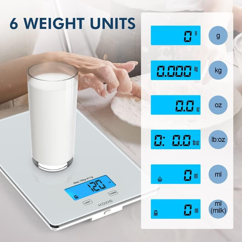 USB Rechargeable Food Scale, 33Lb/15Kg Kitchen Scale Digital Weight Grams and Oz for Cooking Baking, 1G/0.1Oz Precise Graduation, Waterproof Tempered Glass, 6 Weight Units, Tare Function