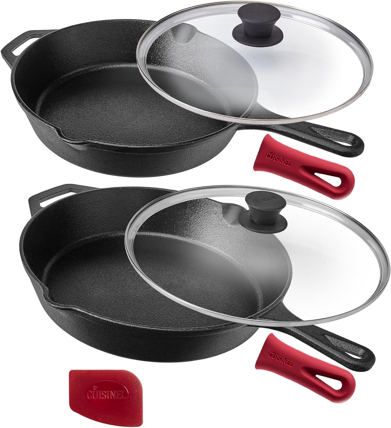 Cast Iron Skillet Set - 10" + 12"-Inch Frying Pan + Glass Lids + 2 Handle Cover Grips - Pre-Seasoned Oven Safe Cookware - Indoor/Outdoor Use - Grill, Stovetop, Induction, BBQ and Firepit Safe