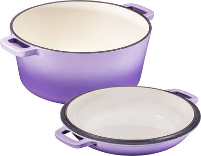 2 in 1 Enameled Cast Iron Double Dutch Oven & Skillet Lid, 5-Quart, Induction, Electric, Gas & in Oven Compatible, Enameled Purple