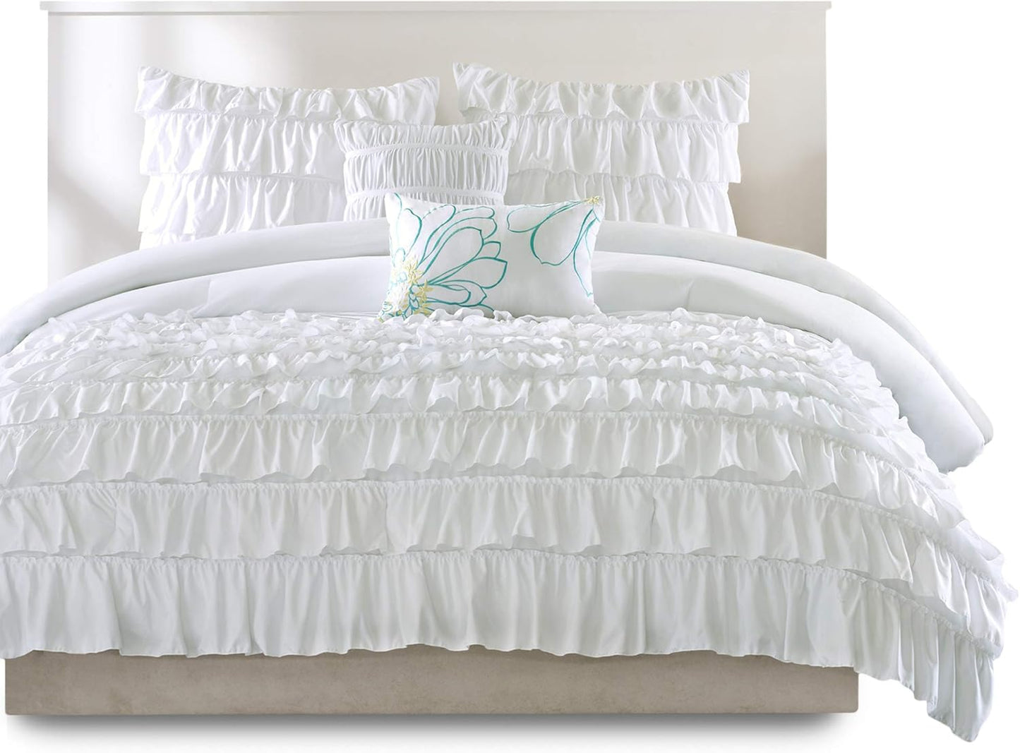 Cozy Comforter Casual Waterfall Multi Layer Ruffle All Season, Hypoallergenic Cover, Soft Bedding Set with Matching Sham, Decorative Pillow, Twin/Twin Xl(68"X90"), White