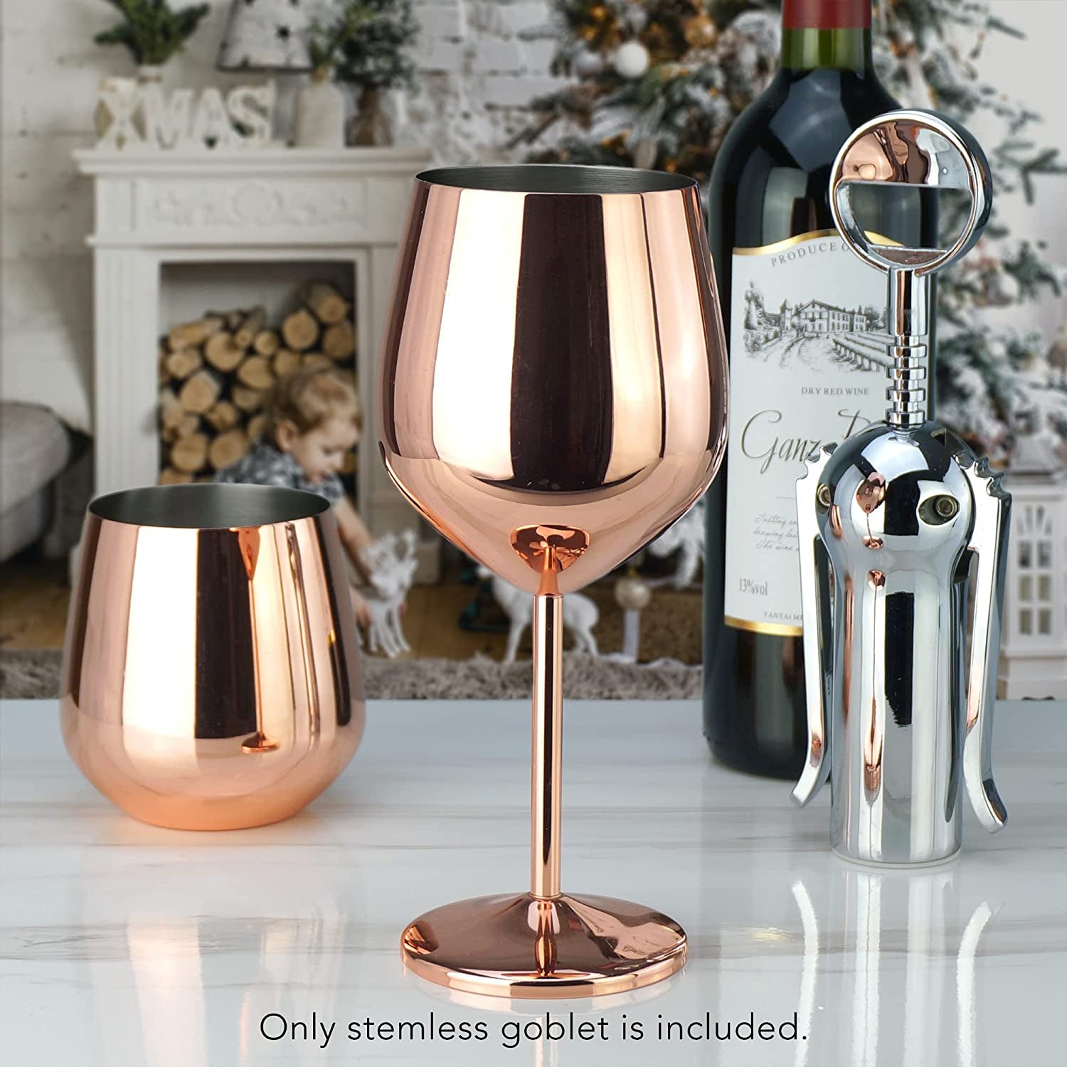 Copper / Rose Gold Stem Stainless Steel Wine Glass Set 4 - 18.5 Oz