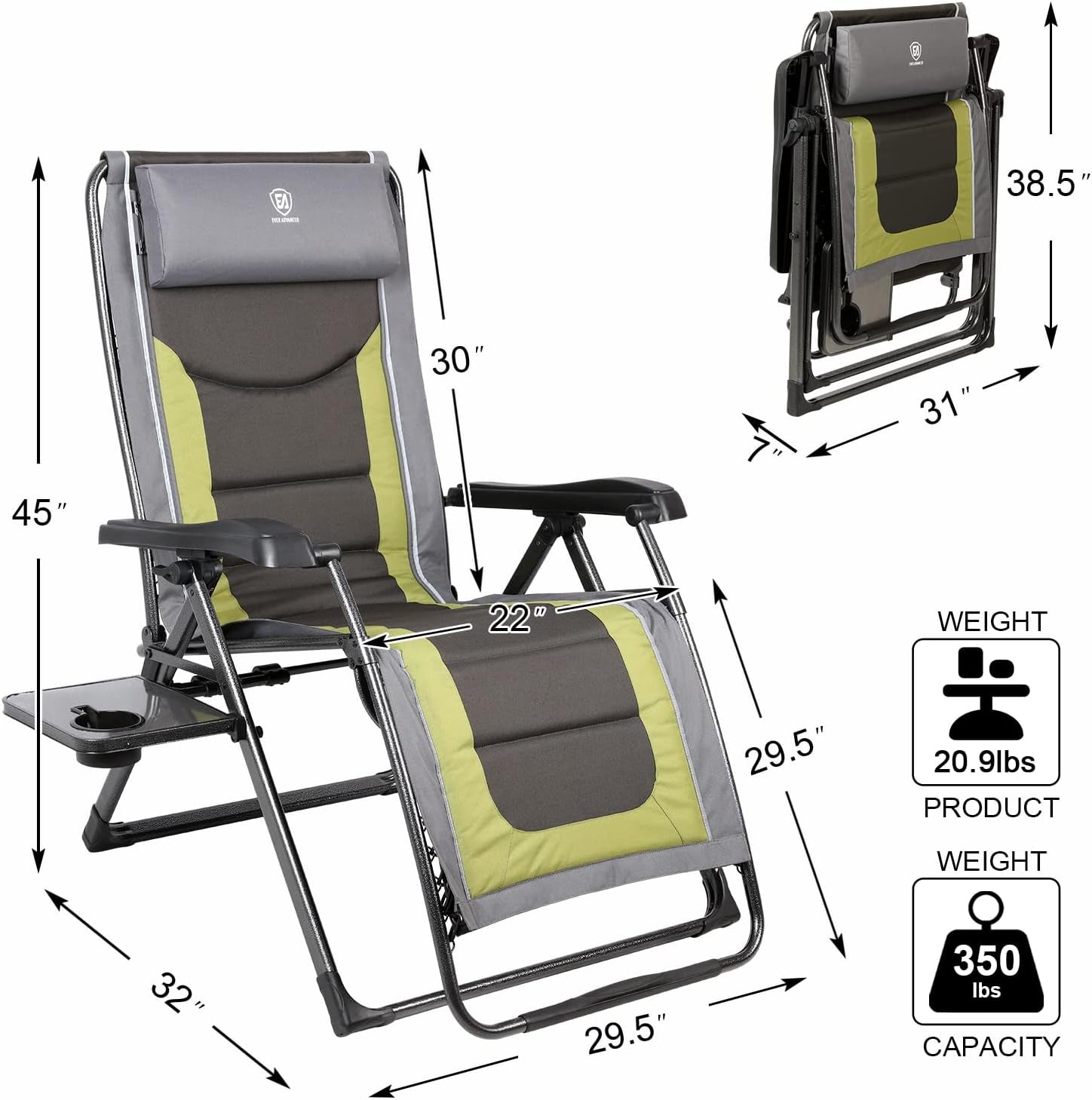 Oversize XL Zero Gravity Recliner Padded Patio Lounger Chair with Adjustable Headrest Support 350Lbs (Olive Green)