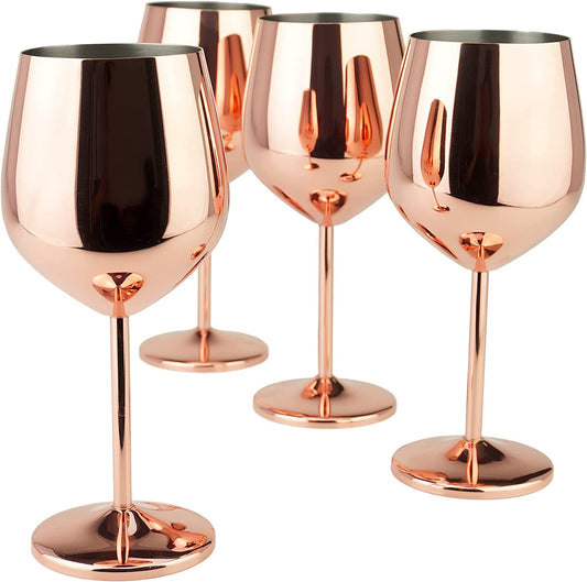 Copper / Rose Gold Stem Stainless Steel Wine Glass Set 4 - 18.5 Oz