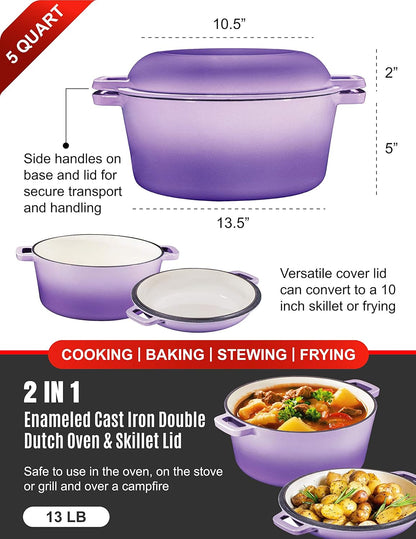 2 in 1 Enameled Cast Iron Double Dutch Oven & Skillet Lid, 5-Quart, Induction, Electric, Gas & in Oven Compatible, Enameled Purple