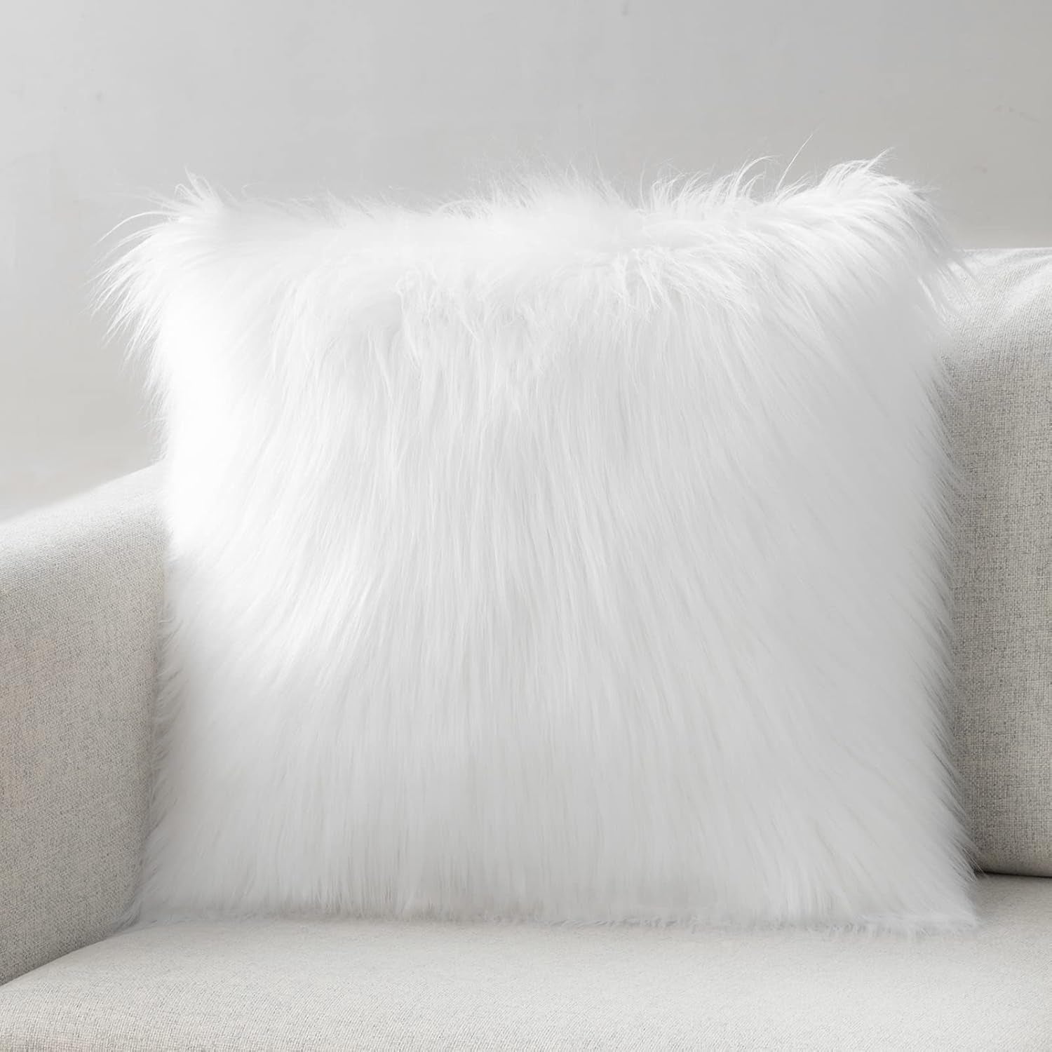 Faux Fur Pillow Cover Decorative Fluffy Throw Pillow Mongolian Luxury Fuzzy Pillow Case Cushion Cover for Bedroom and Couch,True White 18 X 18 Inches