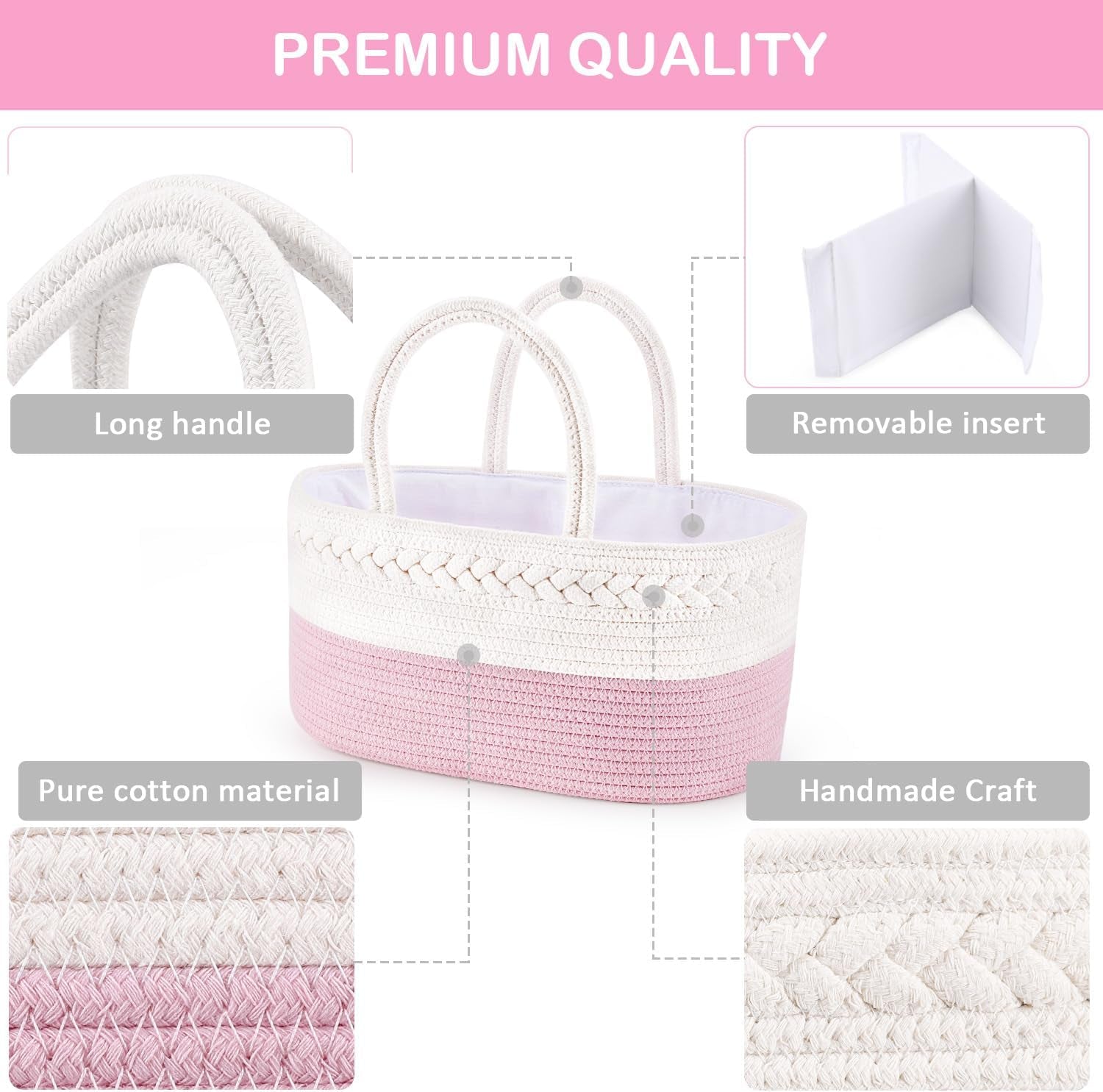 Baby Diaper Caddy, Nursery Storage Bin and Car Organizer for Diapers and Baby Wipes, Cotton Rope Diaper Basket Caddy, Changing Table Diaper Storage Caddy Baby Gift Baskets -Pink