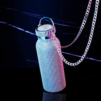 Diamond Water Bottle Bling Rhinestone Stainless Steel Thermal Bottle Refillable Water Bottle Insulated Water Bottle Glitter Water Bottle with Chain for Women (Silver,500 Ml)