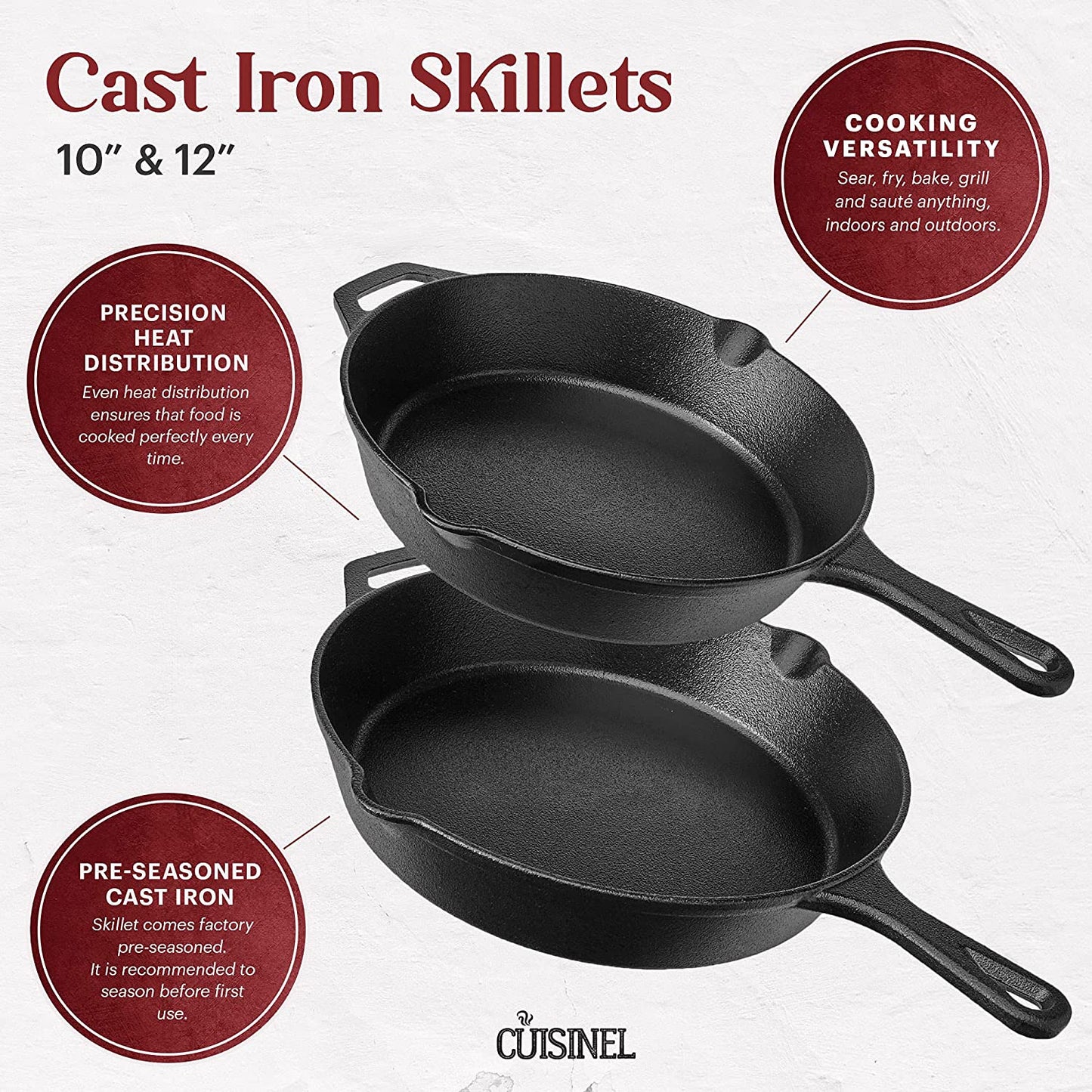 Cast Iron Skillet Set - 10" + 12"-Inch Frying Pan + Glass Lids + 2 Handle Cover Grips - Pre-Seasoned Oven Safe Cookware - Indoor/Outdoor Use - Grill, Stovetop, Induction, BBQ and Firepit Safe