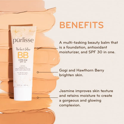 Purlisse Perfect Glow BB Cream SPF 30: Clean & Cruelty-Free, Medium Flawless Coverage, Hydrates with Jasmine (Deep)