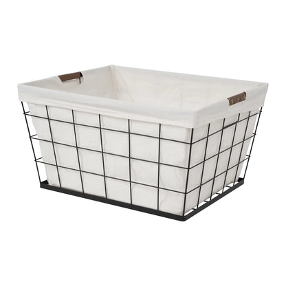 (2 Pack)  60L Rectangular Steel Wire Laundry Basket with Removable Cotton Blend Liner for Adult, Black & Natural