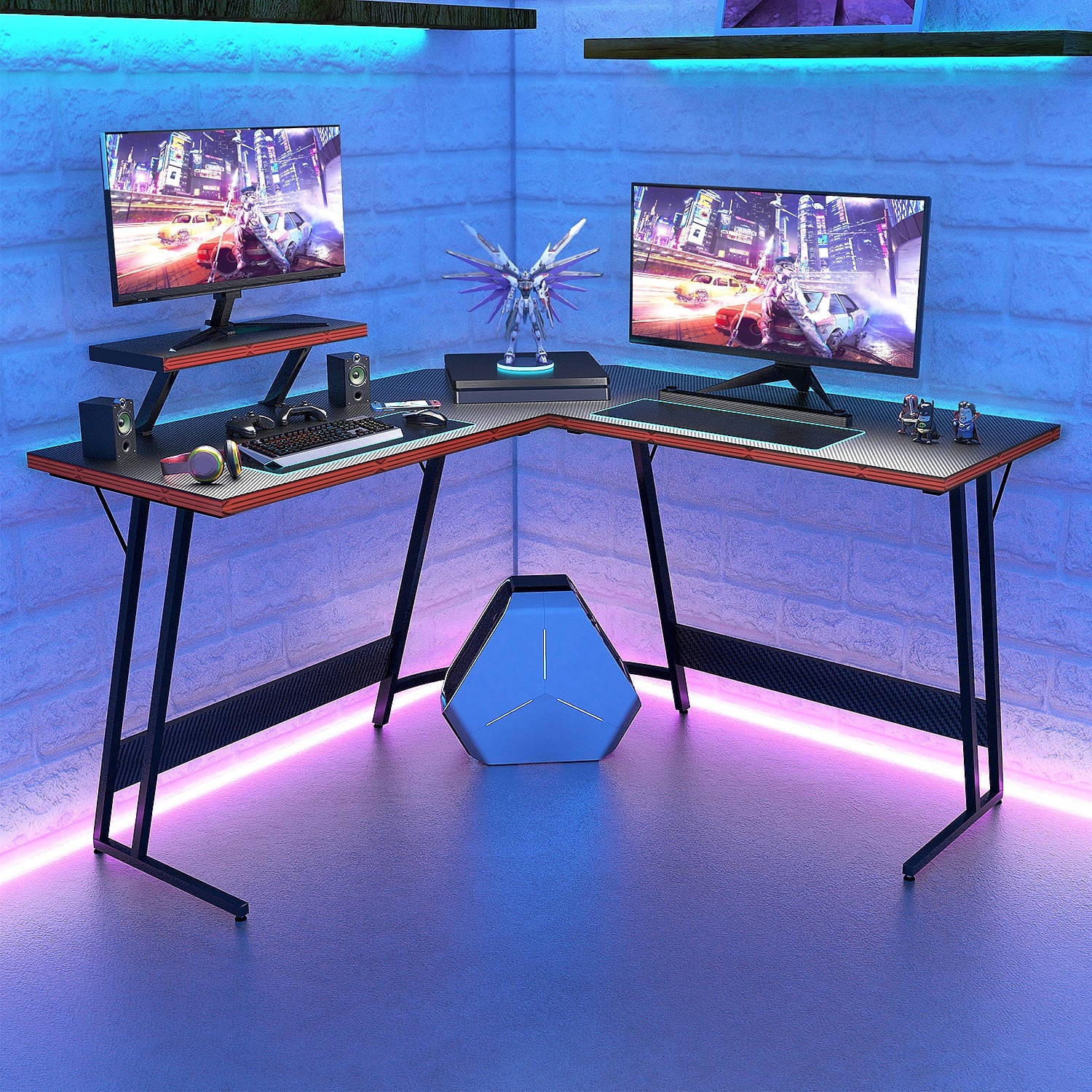 Gaming Desk L-Shaped Carbon Fiber Surface Gaming Corner Desk Table, Black