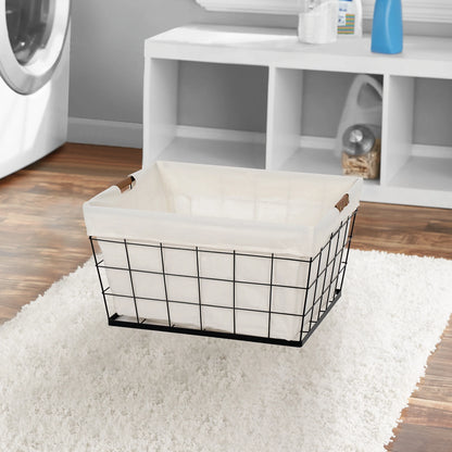 (2 Pack)  60L Rectangular Steel Wire Laundry Basket with Removable Cotton Blend Liner for Adult, Black & Natural