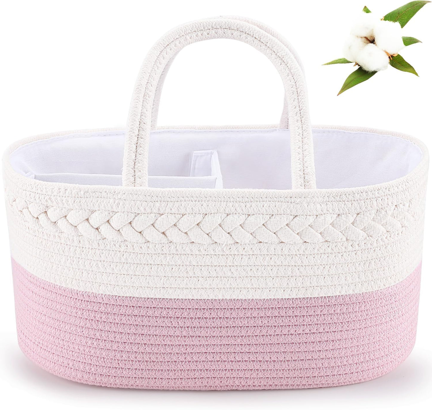 Baby Diaper Caddy, Nursery Storage Bin and Car Organizer for Diapers and Baby Wipes, Cotton Rope Diaper Basket Caddy, Changing Table Diaper Storage Caddy Baby Gift Baskets -Pink