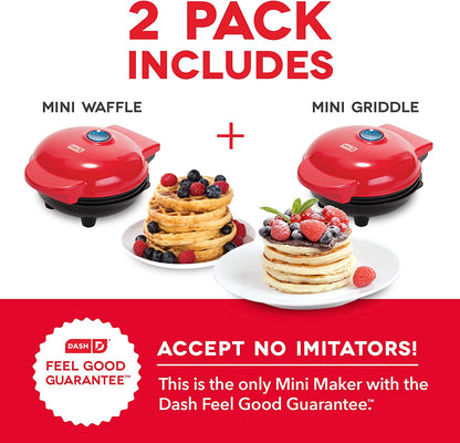 Mini Maker Waffle Maker + Griddle, 2-Pack Griddle + Waffle Iron - Red