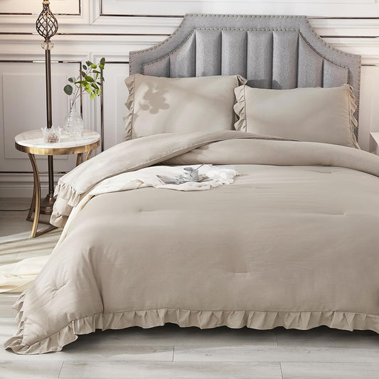 Wheat Ruffled Comforter King(104X90Inch), 3 Pieces(1 Ruffle Comforter and 2 Pillowcases) Vintage Ruffle Fringe Comforter, Farmhouse Rustic Microfiber down Alternative Bedding Comforter Set