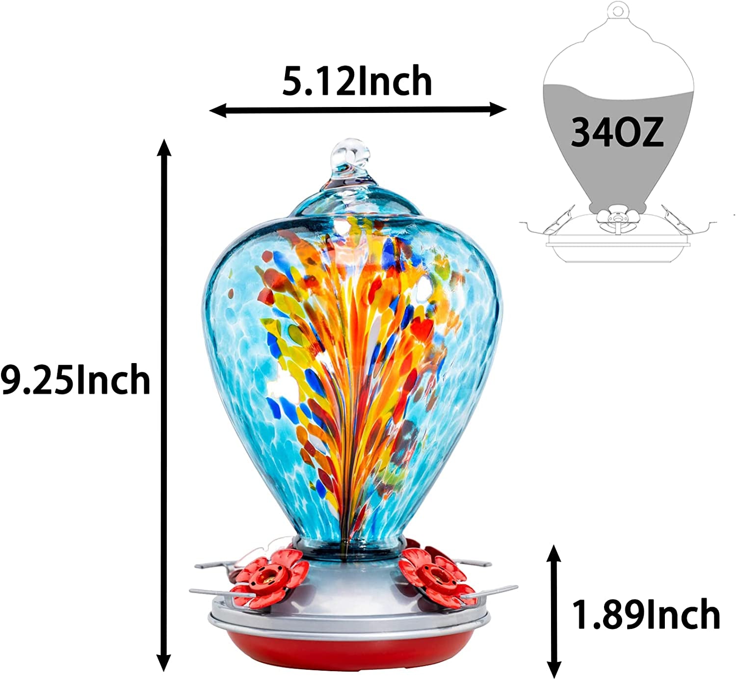 Hummingbird Feeder for Outdoors, Hand Blown Glass, 34 Ounces, Containing Ant Moat, Comet