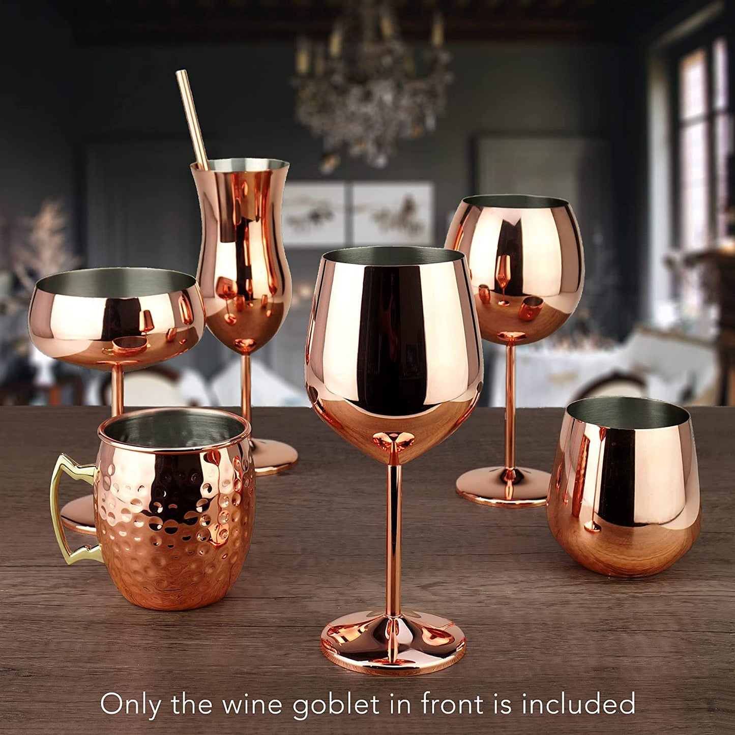 Copper / Rose Gold Stem Stainless Steel Wine Glass Set 4 - 18.5 Oz