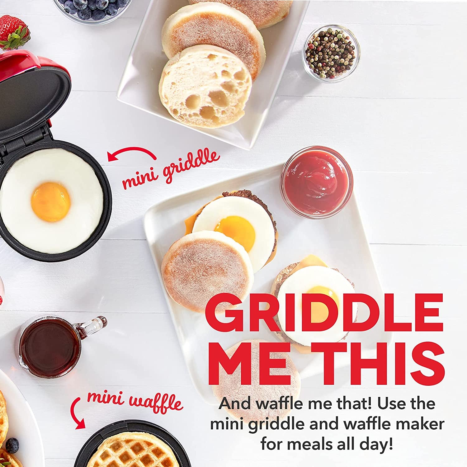 Mini Maker Waffle Maker + Griddle, 2-Pack Griddle + Waffle Iron - Red