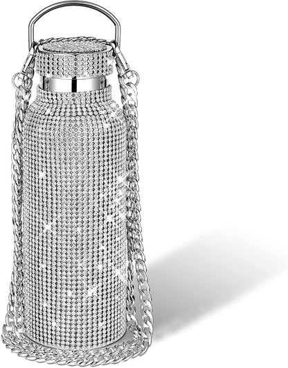 Diamond Water Bottle Bling Rhinestone Stainless Steel Thermal Bottle Refillable Water Bottle Insulated Water Bottle Glitter Water Bottle with Chain for Women (Silver,500 Ml)