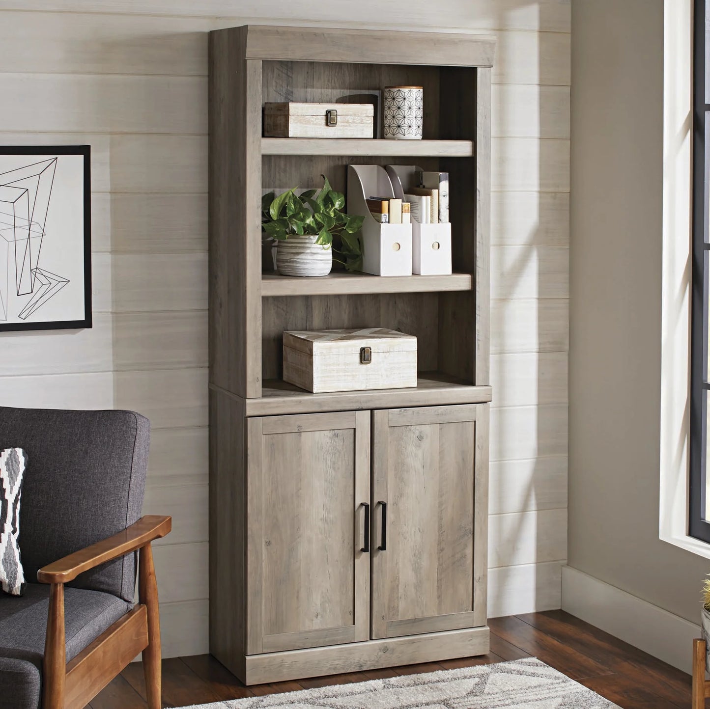 Glendale 5 Shelf Bookcase with Doors, Rustic Gray Finish