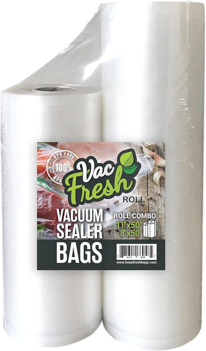 Vac Fresh Food Vacuum Sealer Rolls (8" X 50' & 11" X 50', 2 Rolls), 3.5Mil VF811C Embossed Food Storage Bags, Vacuum Seal Bags for Meal Prep, Sous Vide Bags for Cooking (100 Feet)