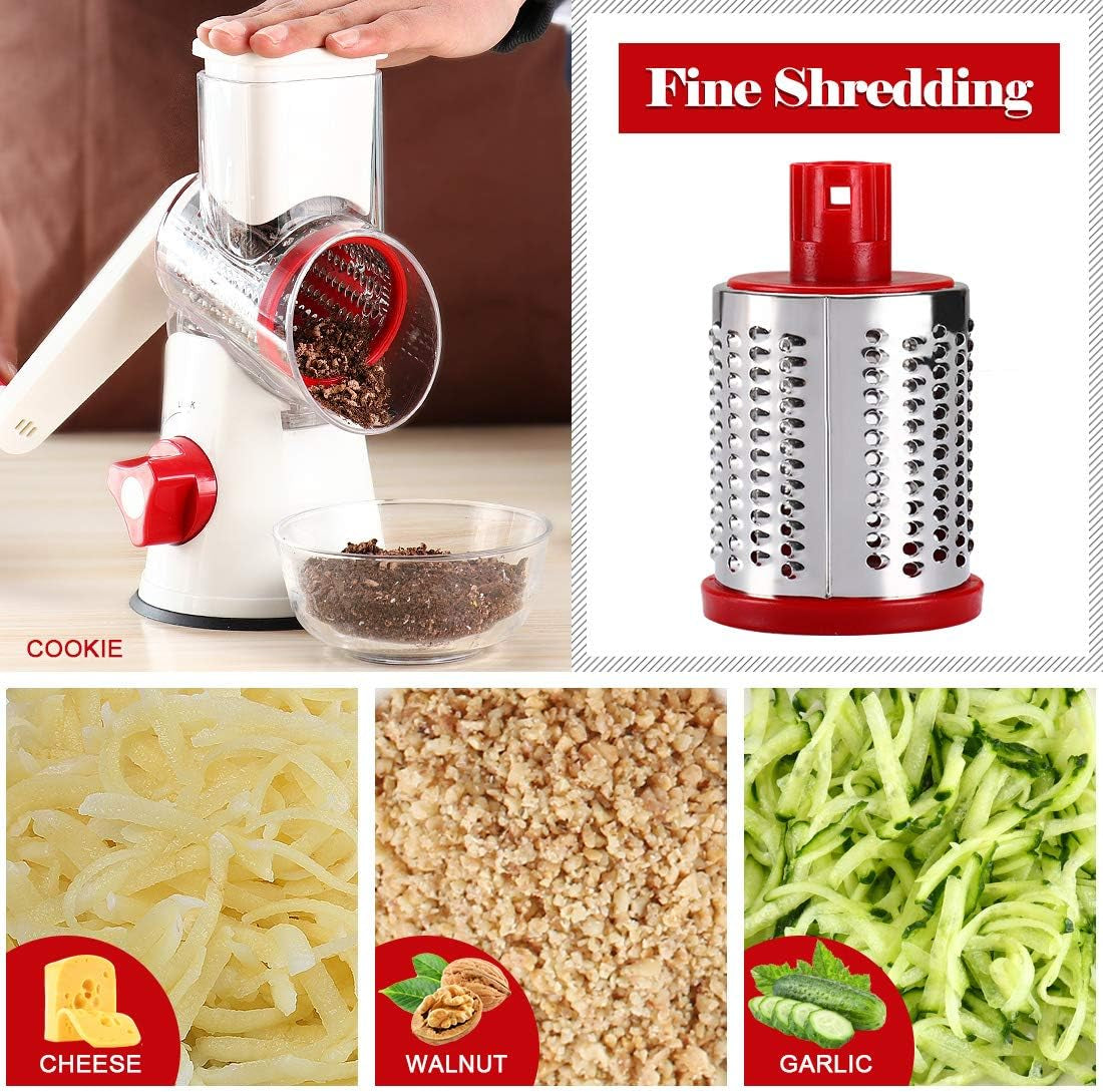 Rotary Cheese Grater Shredder- 3 Drum Bladea Manual Slicer Nut Grinder with Vegetable Peeler and Cleaning Brush (White Red)