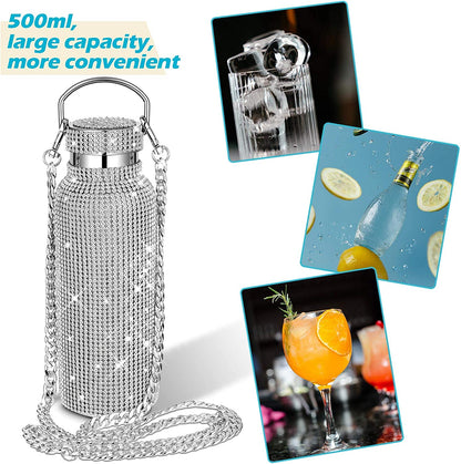 Diamond Water Bottle Bling Rhinestone Stainless Steel Thermal Bottle Refillable Water Bottle Insulated Water Bottle Glitter Water Bottle with Chain for Women (Silver,500 Ml)