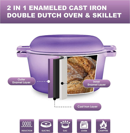 2 in 1 Enameled Cast Iron Double Dutch Oven & Skillet Lid, 5-Quart, Induction, Electric, Gas & in Oven Compatible, Enameled Purple