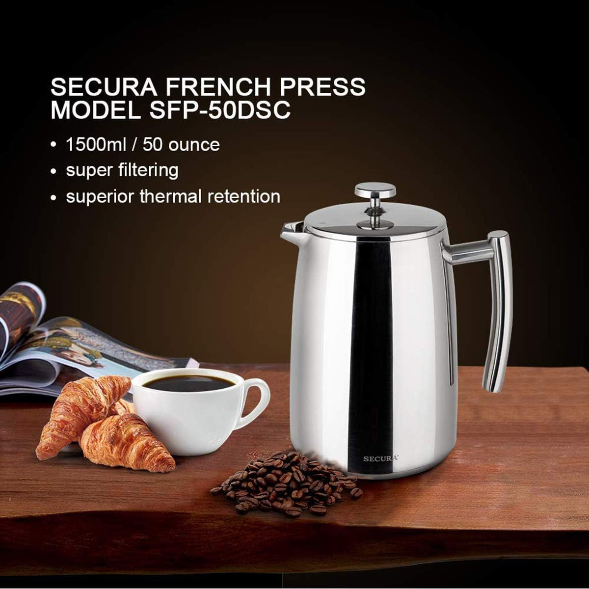 French Press Coffee Maker, 50-Ounce, 18/10 Stainless Steel Insulated Coffee Press with Extra Screen