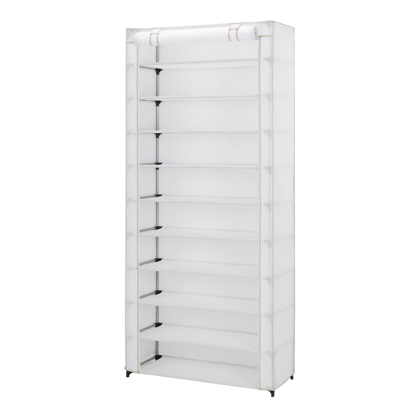 10 Shelf Organizer Shoe Rack with Cover to Hold 30 Pair Shoes, 31.5 in W X 13.46 in D X 69.09 in H, White