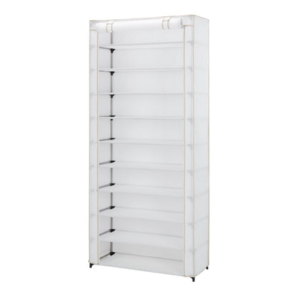 10 Shelf Organizer Shoe Rack with Cover to Hold 30 Pair Shoes, 31.5 in W X 13.46 in D X 69.09 in H, White