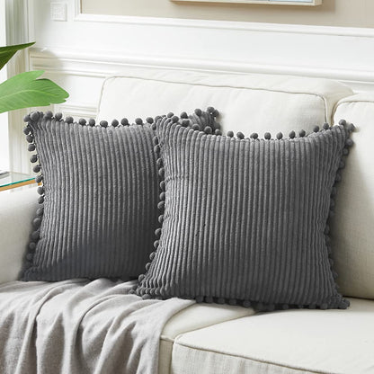 2 Packs Dark Gray Decorative Throw Pillow Covers 18X18 Inch with Pom Poms, Boho Farmhouse Home Decor, Soft Corduroy Accent Square Cushion Case for Living Room Couch Bed Sofa 45X45 Cm