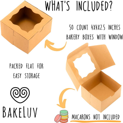 4X4X2.5” Brown Bakery Boxes with Window | 50 Pack