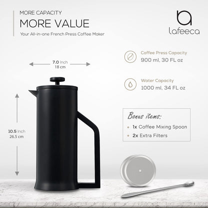 French Press Coffee Maker - Stainless Steel Double Wall Vacuum Insulated - Large Thermal Brewer 34 Oz 1000 Ml Matt Black