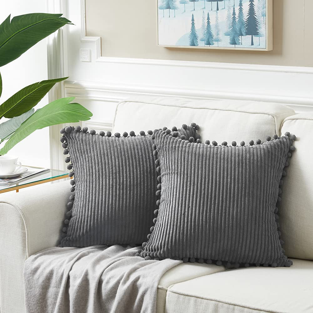 2 Packs Dark Gray Decorative Throw Pillow Covers 18X18 Inch with Pom Poms, Boho Farmhouse Home Decor, Soft Corduroy Accent Square Cushion Case for Living Room Couch Bed Sofa 45X45 Cm